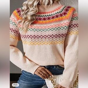 Colorful Patterned Women's Sweater Nordic Fair isle Cream S NEW Coral Green Crew